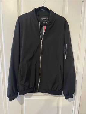 Black Men's Bomber Jacket with Zippered Sleeve Pocket